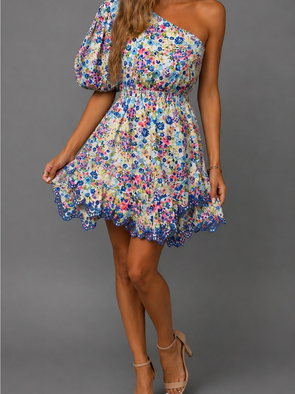 RESET Romantic Floral 1 Shoulder Mini Dress Puff Sleeve Boho Cottagecore Size L